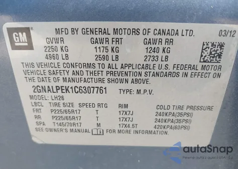 2012 Chevrolet Equinox 2Lt from USA, damaged, VIN 2GNALPEK1C6307761